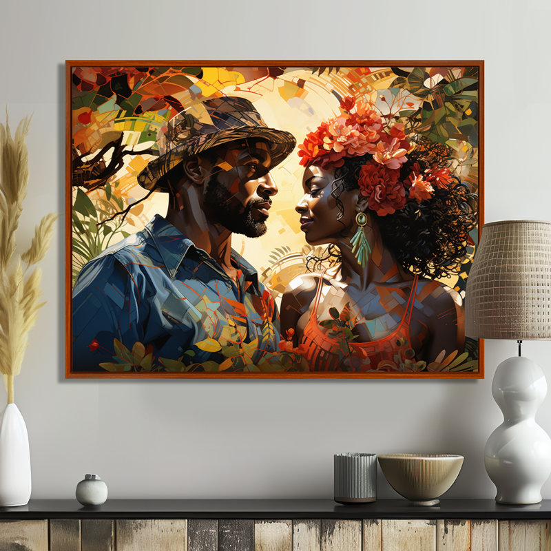 «African Couple Resilient I» - Art mural américain africain, H 16 po x l 32 po x P 1 po, Cadre flottant brun
