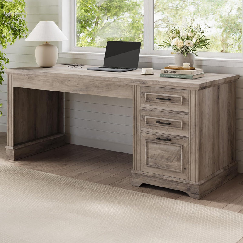 Computer Desk Executive Desk With 3 Drawers, Farmhouse 55" Office Desk With Storage Drawers With Power Outlet For Home Office