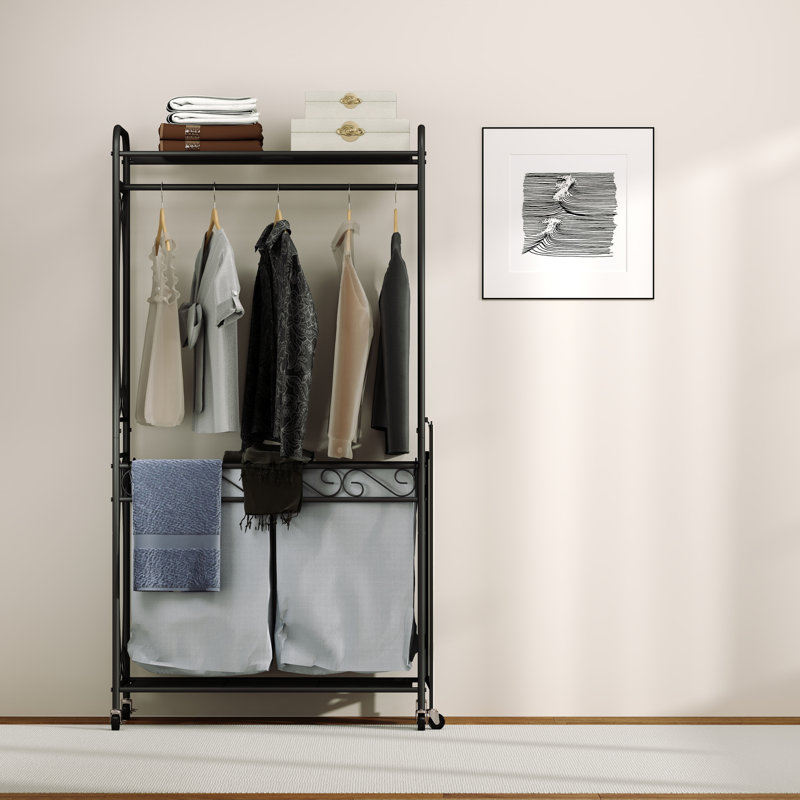 Organisateur de panier à linge multifonctionnel avec rail de suspension et tablette de rangement