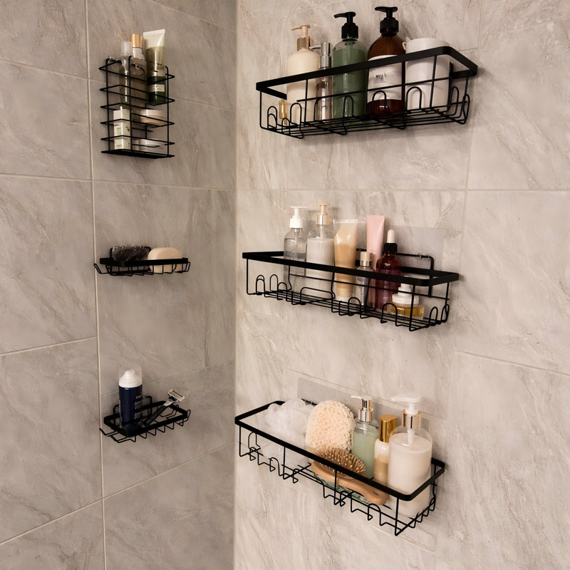 6 Pack  Capacity Bathroom Organizers and Storage, Adhesive Shower Caddy, Large No Drilling Wall-Mounted Basket, Black