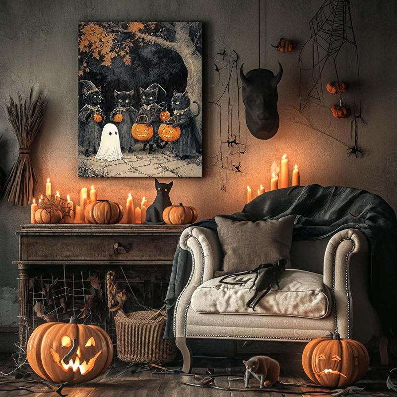 Décoration d'Halloween fantôme mignon avec chat noir et citrouille d'Halloween, H 14 po x l 11 po