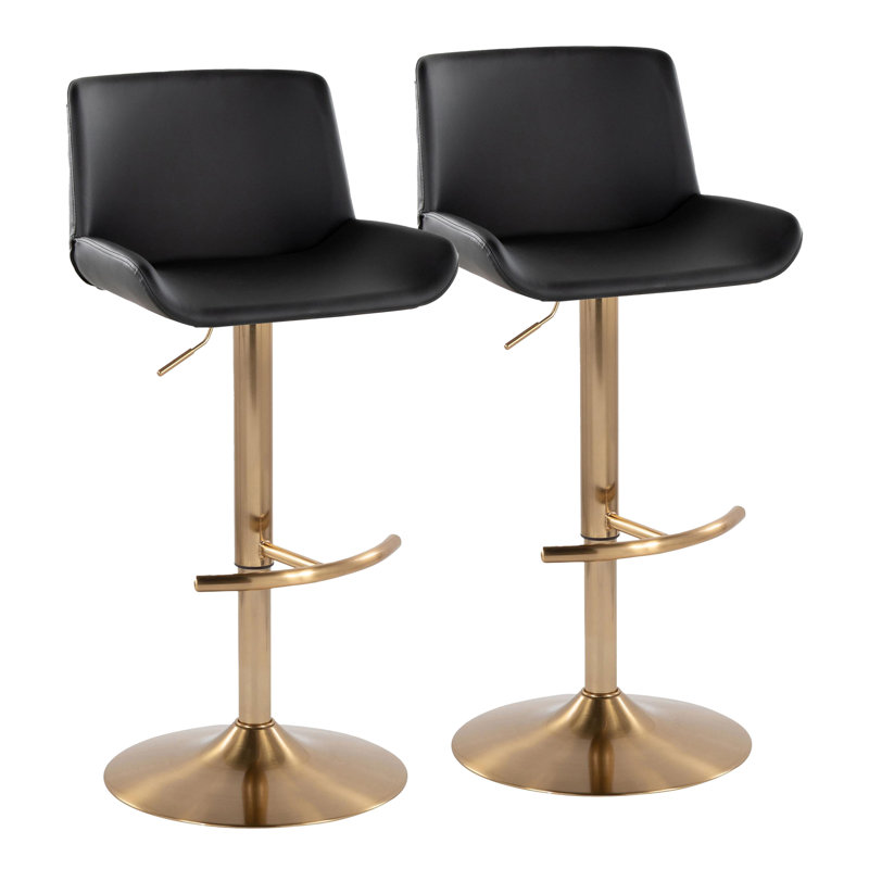 Rondell Upholstered Adjustable Barstool With Rounded T Footrest - Set Of 2, Black, Gold