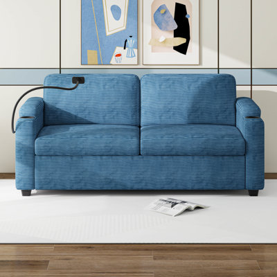 Canapé-lit en velours côtelé avec matelas pleine grandeur, deux ports USB, deux porte-gobelets, deux poches latérales et un support pour téléphone