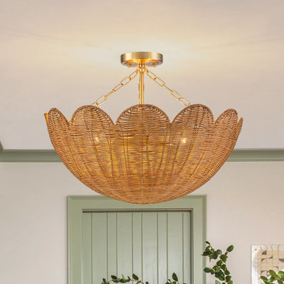 3-Light Rattan Flower-Shape Semi-Flush Mount