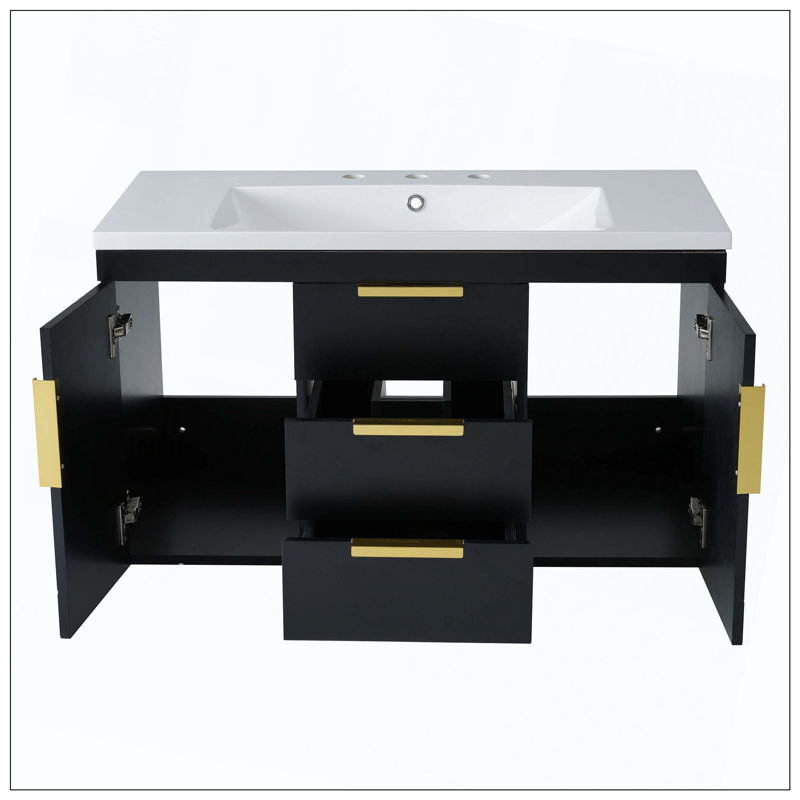 Wall Mounted Bathroom Vanity Resin Sink 2 Drawers Solid Wood Floating, Black
