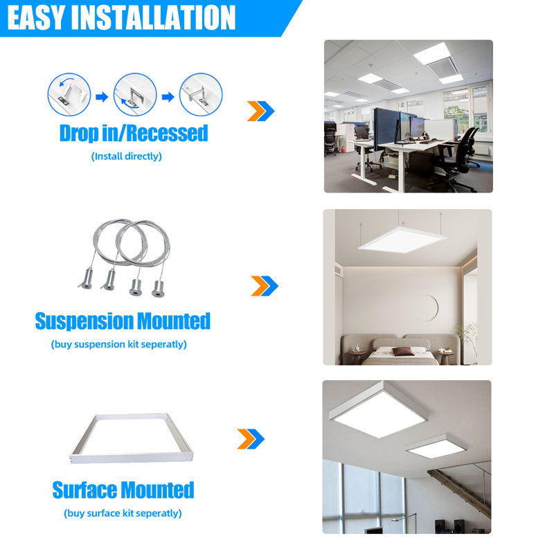 2 x 2 lumières DEL à panneau plat pour plafond suspendu, ensemble d'éclairage encastré 45W 5800LM, éclairage encastré à intensité variable 0-10V 5000K, plafond suspendu 110-277V pour bureau commercial, homologué ETL