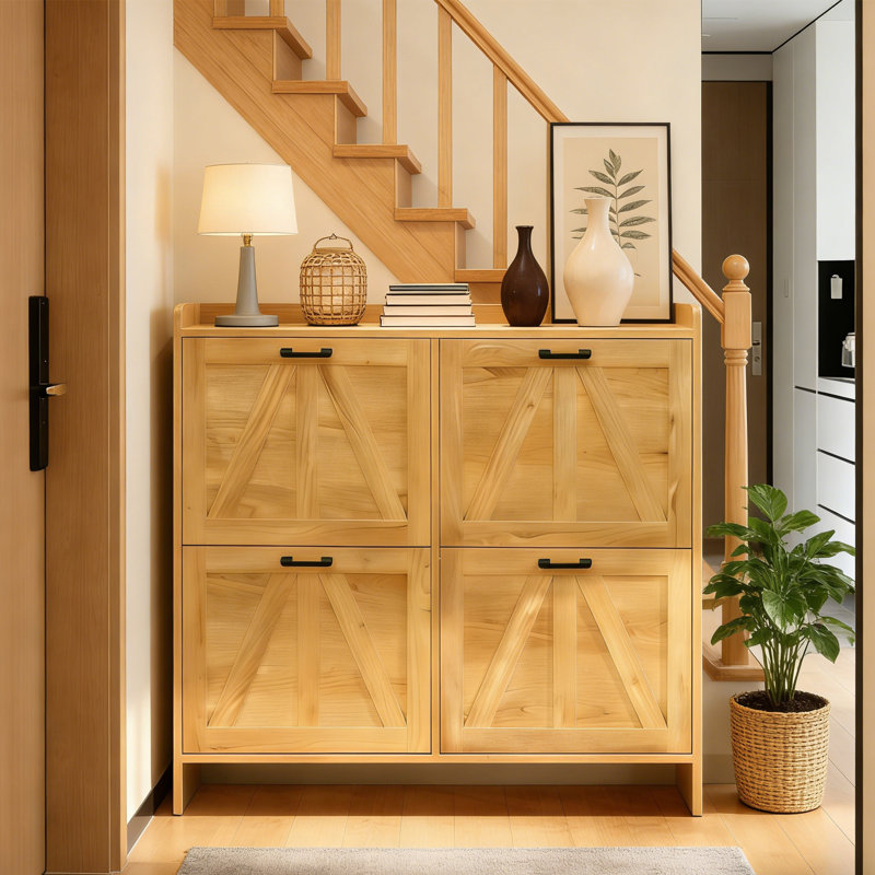 Shoe Storage Cabinet With 4 Flip Drawers,Modern Shoe Organizer For Entryway, Natural