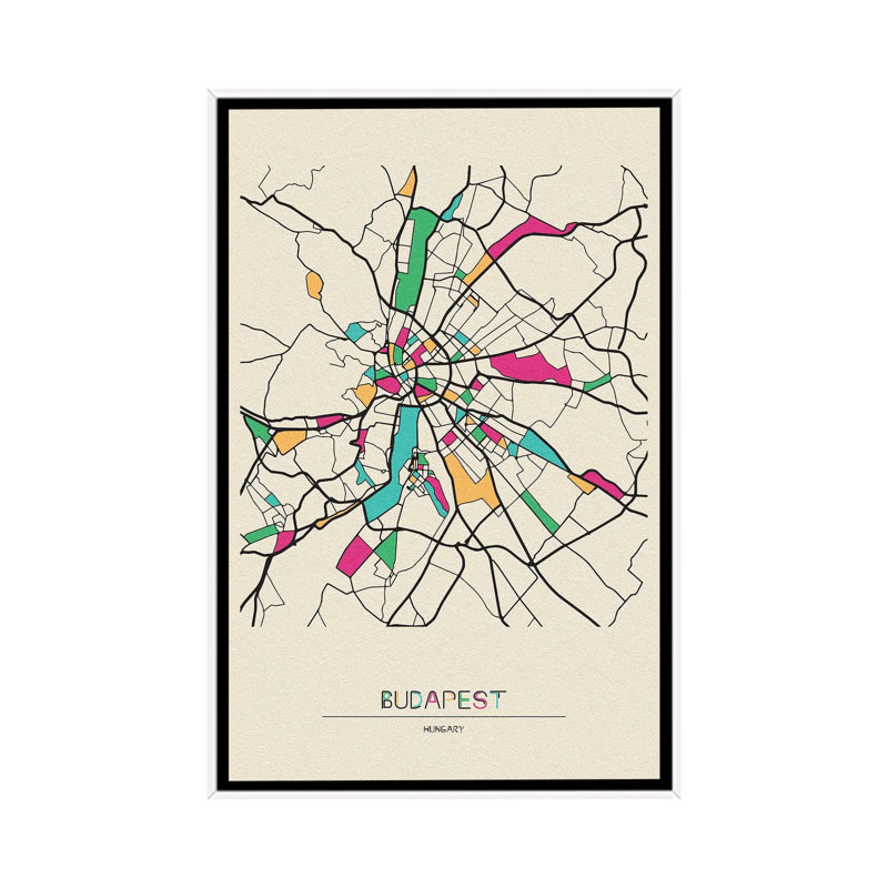 Budapest, Hungary Map by Ayse Deniz Akerman - Print on Canvas, White Floater Frame, 101.6 cm H x 66.04 cm W