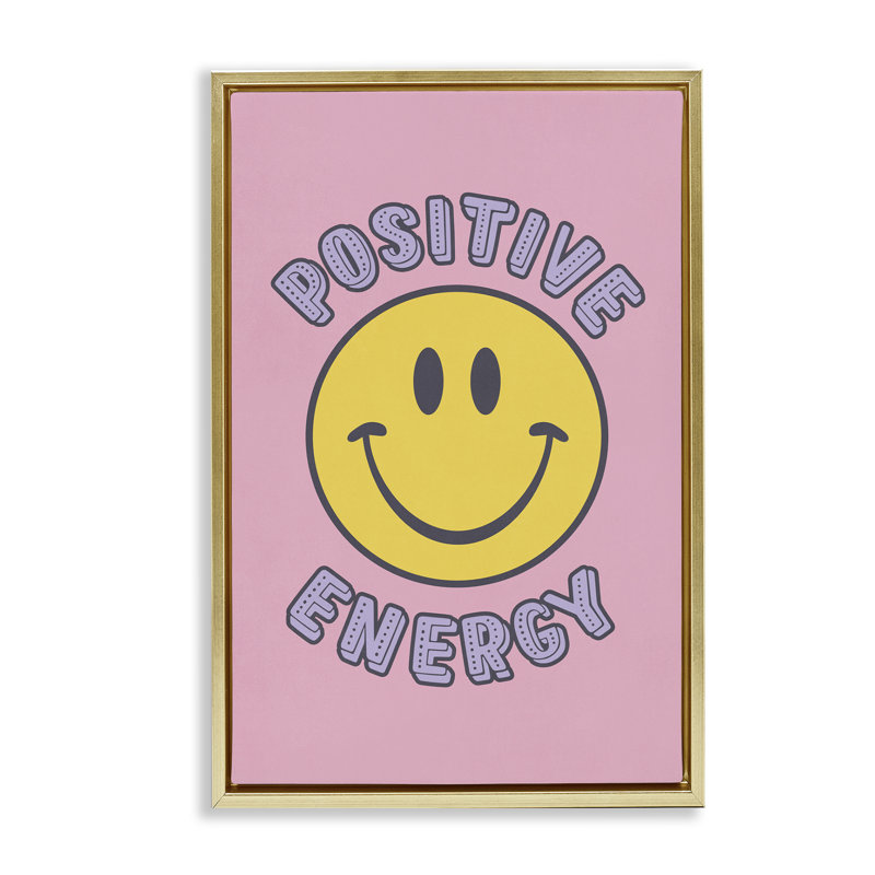 Toile flottante encadrée «positive Energy Smiley» par Nataly White, Cadre flottant métallique doré, H 25 po x l 17 po