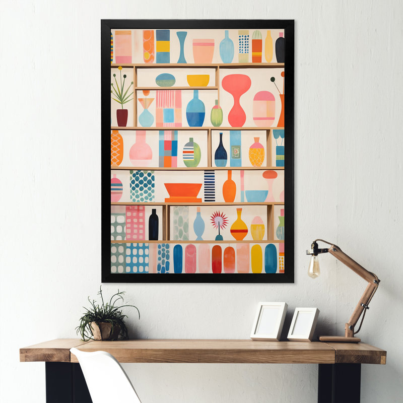 «Pink Mid Century Playful Patterns IV», reproduction d'art sur toile abstraite, H 32 po x l 16 po, Impression encadrée, Black