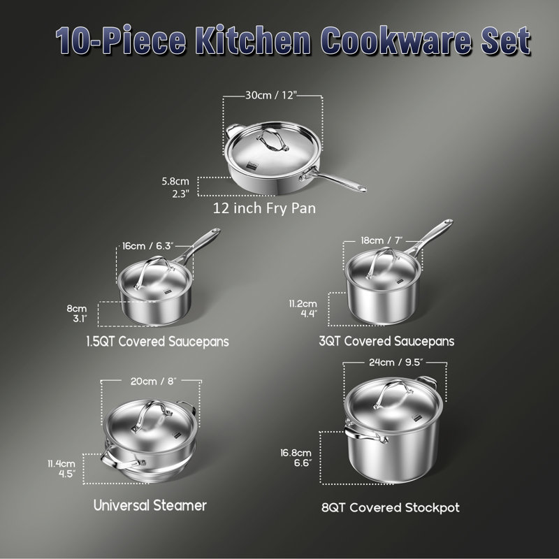10-Piece Silver Stainless Steel Cookware Set with Lids