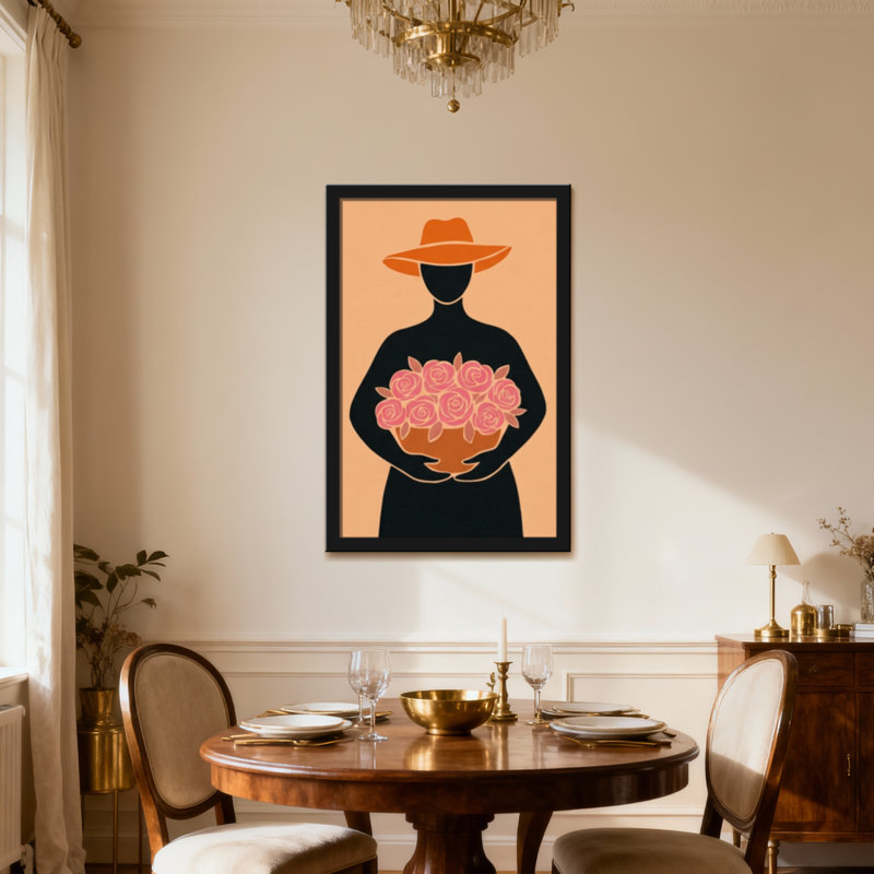 Femme abstraite au chapeau tenant des roses, Toile tendue, Ne s’applique pas, H 18 po x l 12 po