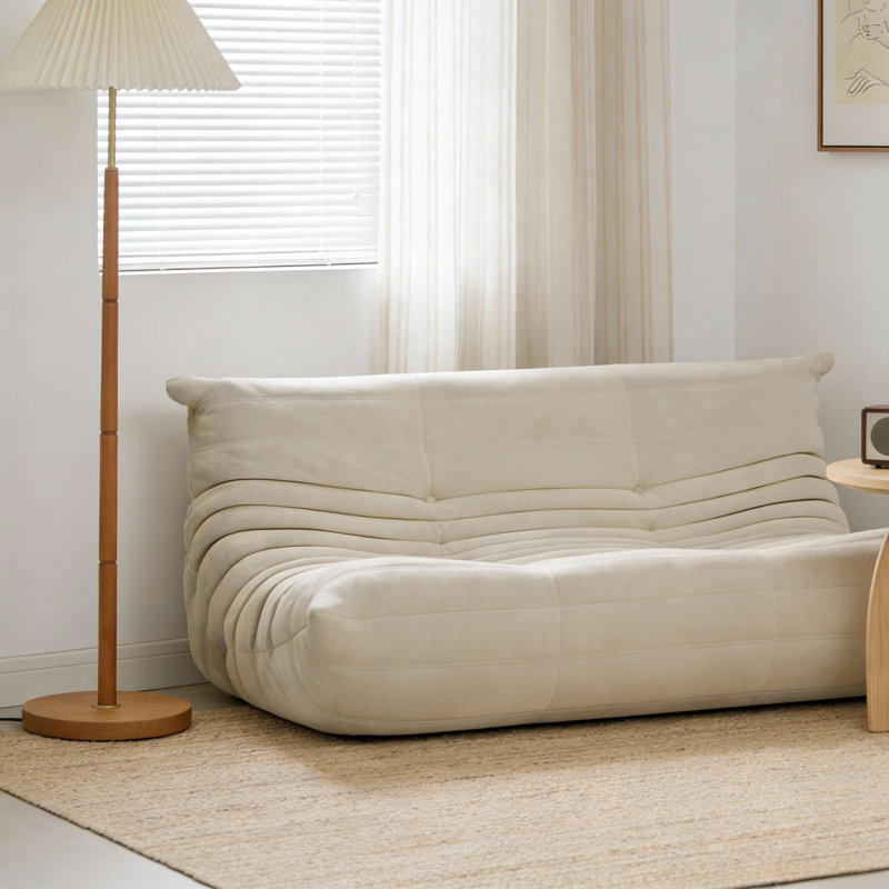 Oversized Curved Lounger in Beige Velvet, High-Density Foam, Vacuum Packed, 72cm H x 185cm W x 101cm D