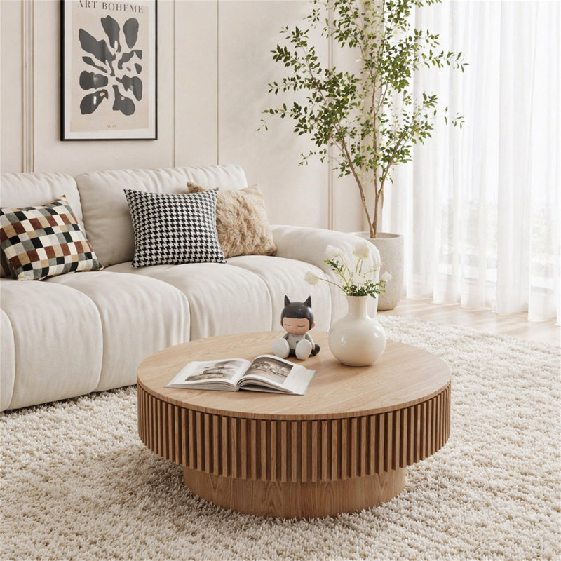 Table basse 31,5 "ronde avec rangement Table d'appoint moderne en placage de bois massif, Bois naturel