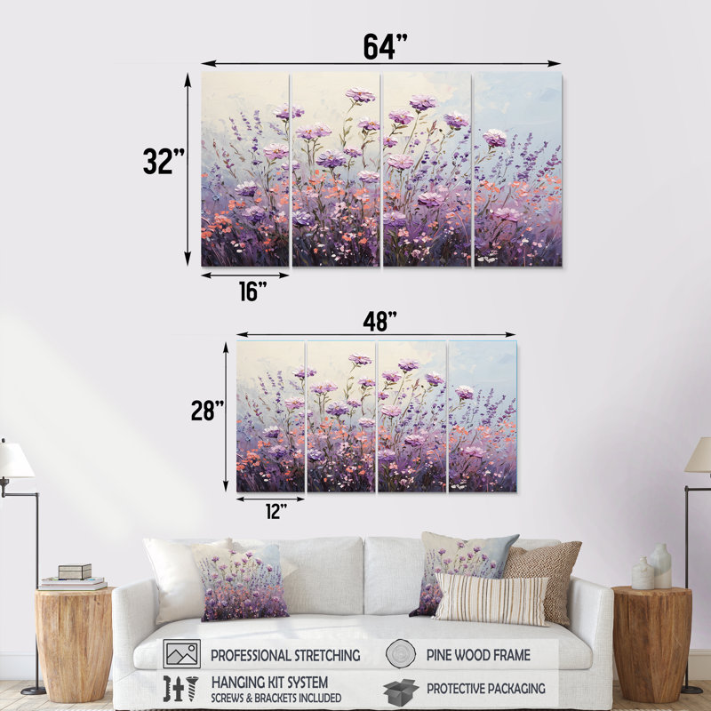 «Wildflower Morning Dew In Lavender Field II - Wildflowers», art mural traditionnel sur toile, 4 pièces, H 32 po x l 64 po