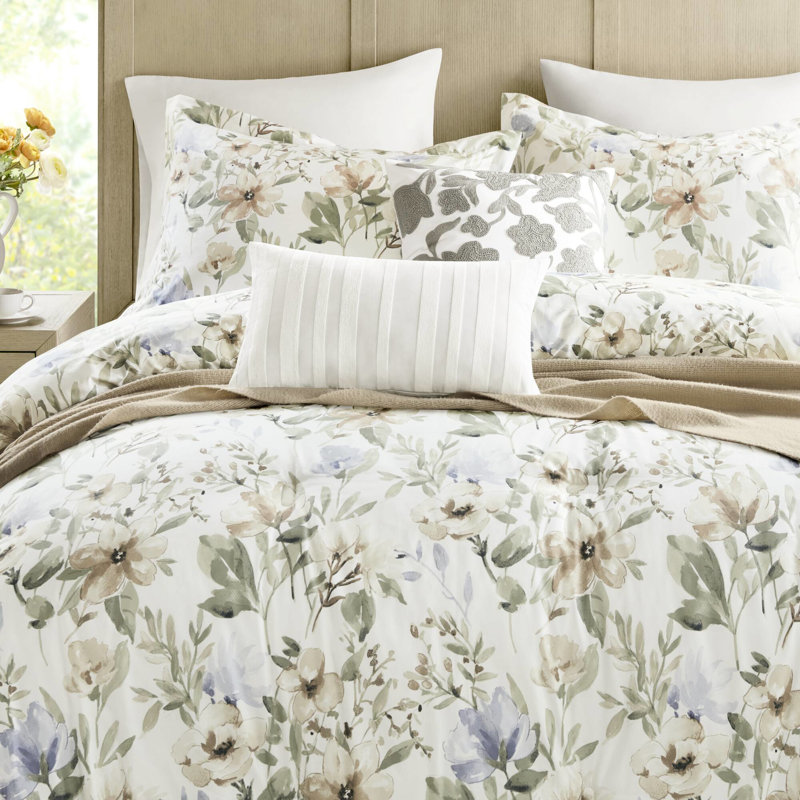 6 pièces édredon floral grand coton avec jupe de lit sur mesure, 100% coton 300Tc, -