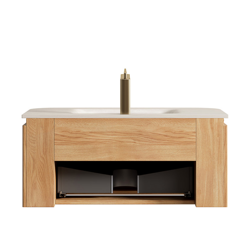 Meuble-lavabo de 36 po avec lavabo, finition rayée 3D en pierre naturelle frittée, capteur, rangement spacieux, pré-assemblé, bordures en pierre flottantes faciles à installer, éclairage à DEL, fermeture en douceur