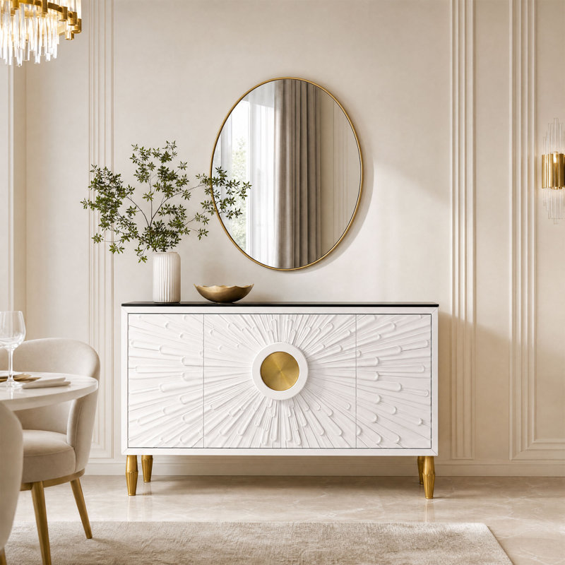 63'' Modern Sideboard Buffet Cabinet With Faux Marble Tabletop, Large Luxury Kitchen Sideboard Cabinet With 4 Door For Dining Room, Living Room, Hallway