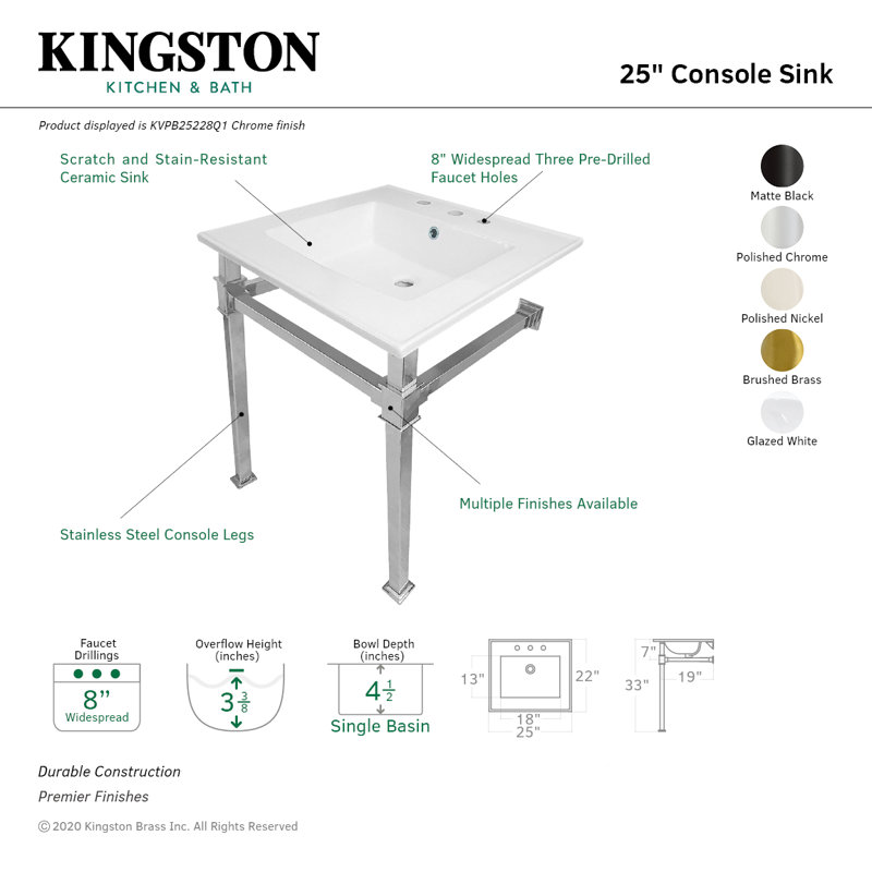 Kingston Brass Monarch 25-Inch Ceramic Console Sink with Stainless Steel Legs (8-Inch, 3-Hole), White/Matte Black