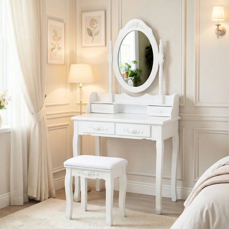 Bureau de meuble-lavabo avec miroir pivotant à 360 °, rangement à 4 tiroirs, finition blanche, tabouret confortable, tiroirs visuels attrayants, structure stable polyvalente rembourrée