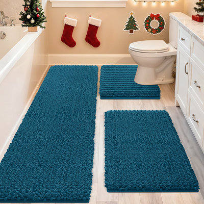 Upgrade Extra Large Teal Blue Bathroom Rug Set 3 Pieces Ultra Soft, Thick Absorbent Bath Mats, Non Slip Chenille Toilet Mat for Bathroom, Bedroom, Kitchen