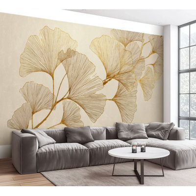 Wall Mural Peel and Stick Wallpaper Elegant Ginkgo Leaves Gold Self-Adhesive Removable Contact Paper Wall Decor for Living Room Bedroom 100"H x 144"W