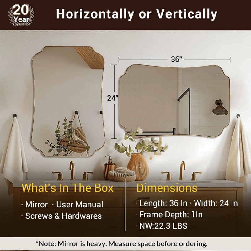 Contemporary Concave Edge Scalloped Bathroom Vanity Mirror | Stainless Steel Frame, 36" x 24", Brushed Gold