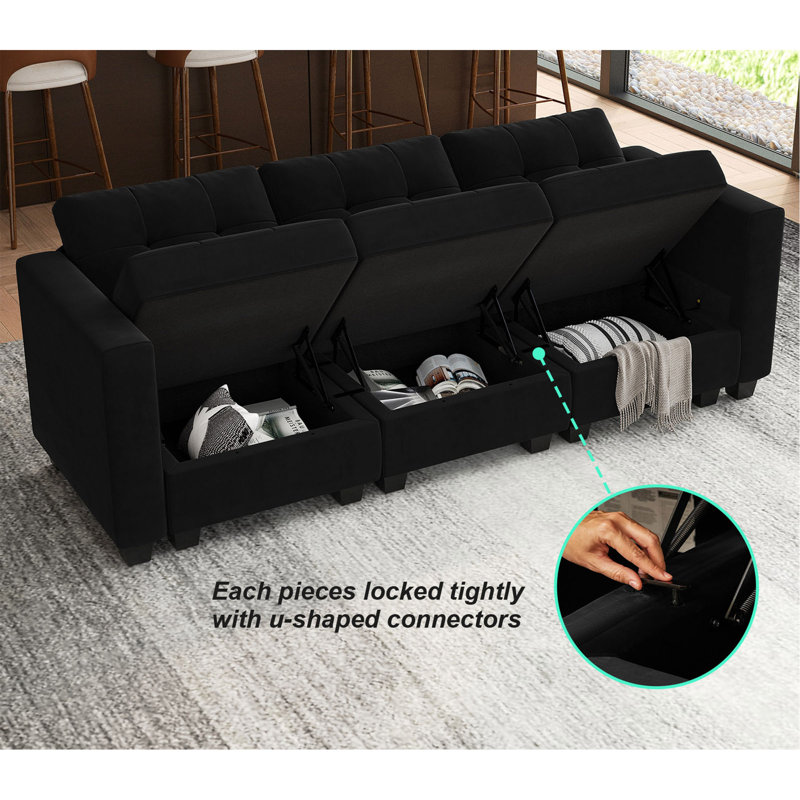 Buckleton Modern 3 Seat Velvet Sectional Couch with Tufted Cushions and Storage Apartment Size Sofa, Black Velvet