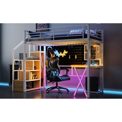 Lit mezzanine en métal avec garde-robe, escalier, DEL et bureau - Transformez votre chambre à coucher en un élégant escalier de rangement, espace intelligent
