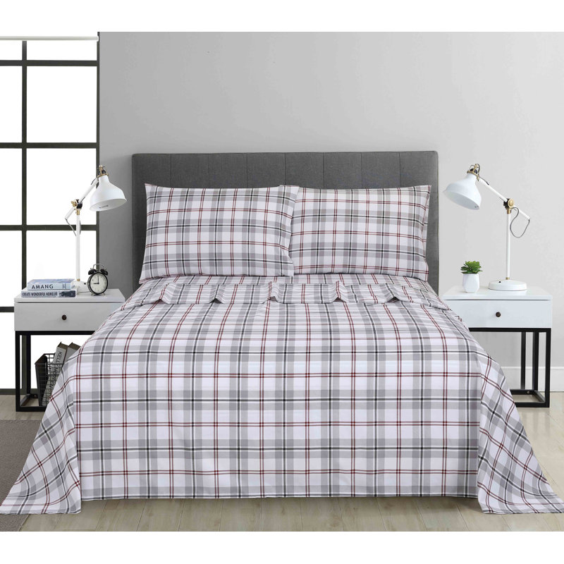 Ensemble de draps en microfibre 4 pièces, Ensemble de draps pour très grand lit avec 2 taie, Tissu écossais gris