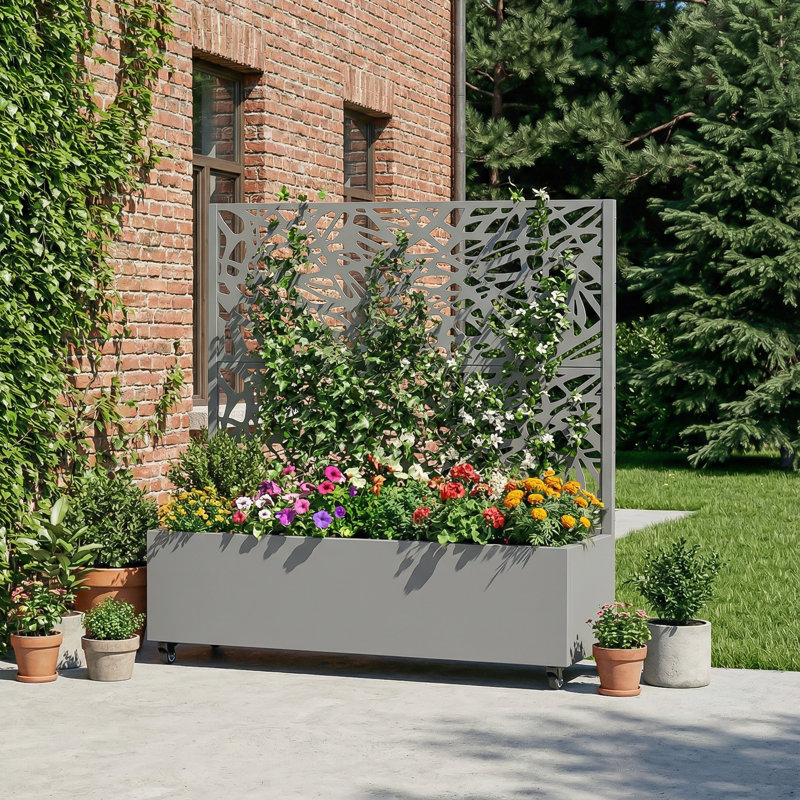 Boîte à fleurs en métal avec treillis et roues, H 47 po x l 47 po x P 16 po, Gris