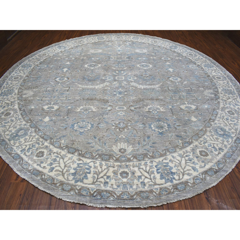 Tapis rond gris noué à la main nouvel âge Peshawar de conception unique 12 pi Brelon