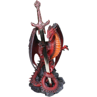 Figurine de dragon de lame de volcan rouge avec épée