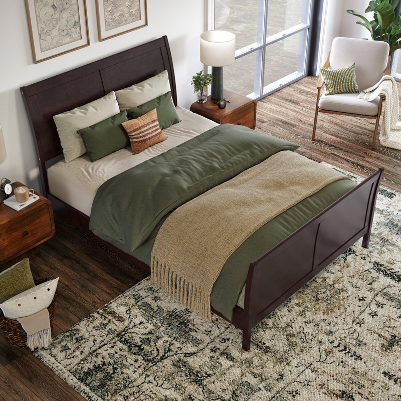 Arite Solid Wood Low Profile Sleigh Platform Bed with Matching Footboard, Espresso, Full