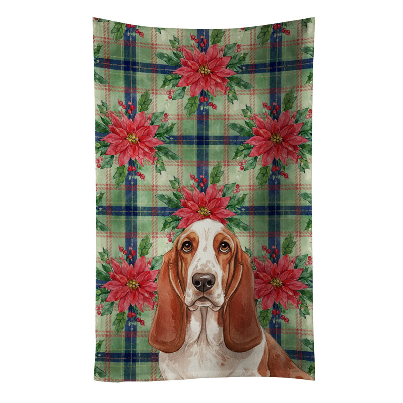 Red and White Basset Hound Christmas PoinsettIas Kitchen Towel, Red/White Basset Hound