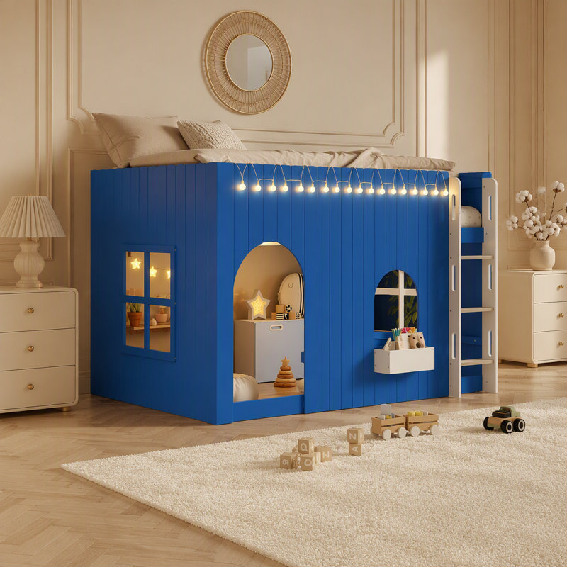 Lit mezzanine double pour enfant avec lumière DEL chaude, bleu Klein