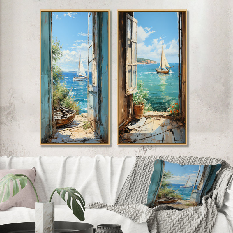 Bateau à voile vue sur l'océan II - ensemble de 2 fenêtres murales côtières, H 28 po x l 25 po, Encadrement brun