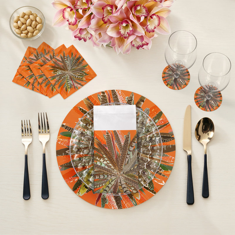 Pheasant Feathers Cotton Sateen Cocktail Napkins, Orange