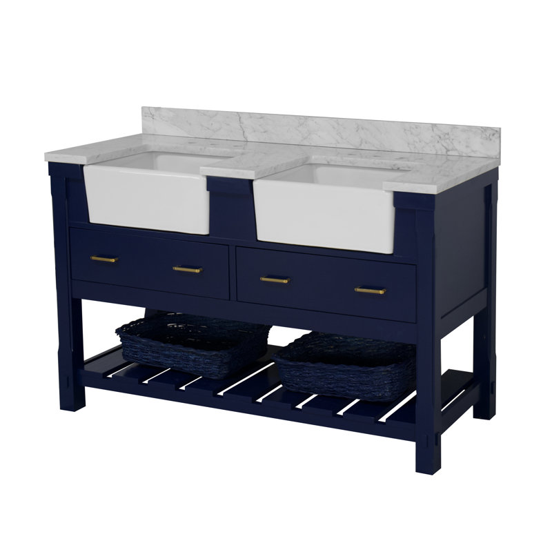 Ensemble de meuble-lavabo double 60 po Hitton, Bleu royal, Carrara d'ingénierie