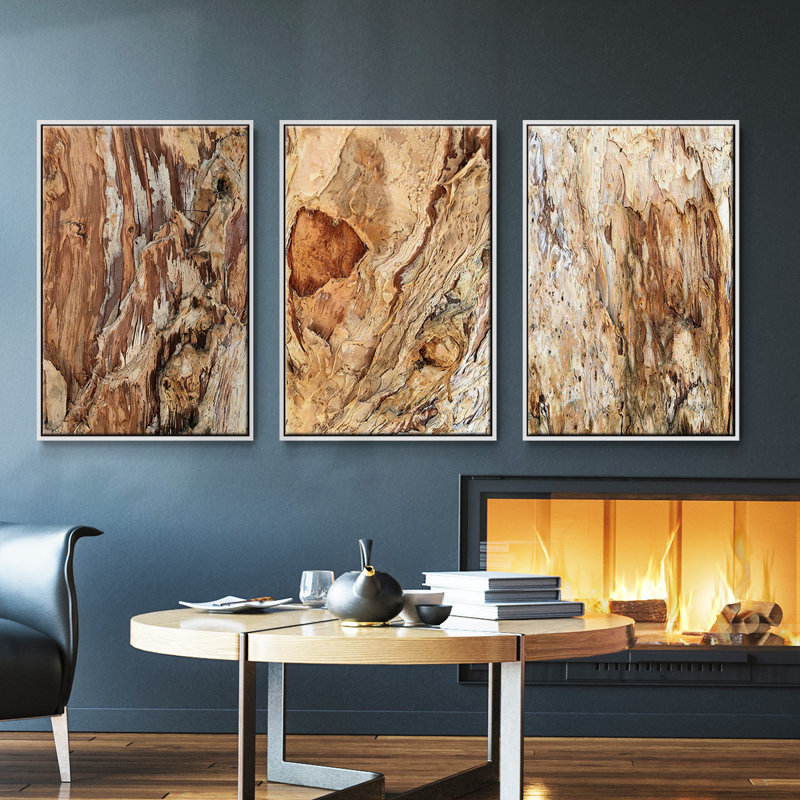 «Tree Texture Triptych I», ensemble de 3 toiles encadrées, H 36 po x l 72 po, Blanc