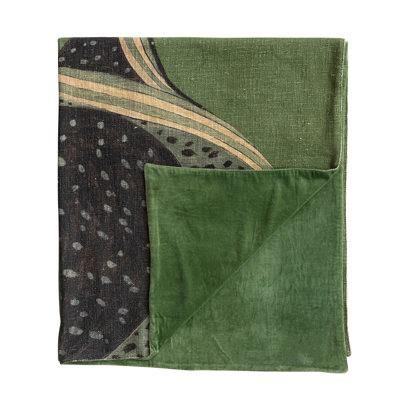 Cotton Slub Printed Throw Blanket With Cranes Pattern And Velvet Back