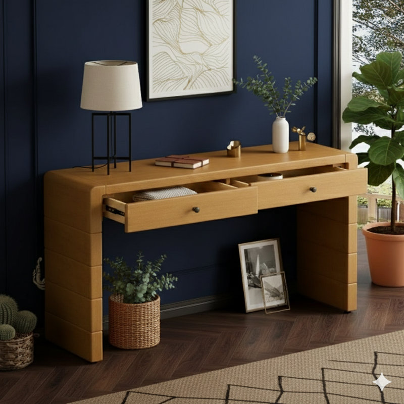 Elegantly Curved Console With Storage, Wooden Entry Table With Two Drawers, Rustic Farmhouse Style Table For Entryways, Halls, And Living Rooms, In Natural Finish