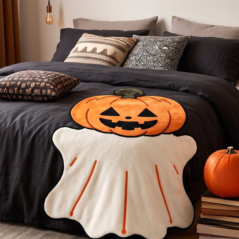 Couverture décorative d'Halloween en forme de citrouille et de fantôme - Motif original et irrégulier, doux et confortable, idéal pour canapé, lit ou décoration d'Halloween.