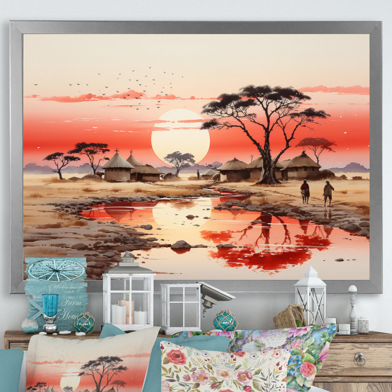 «Peach Grey African Village Visions I», reproduction sur toile, H 34 po x l 44 po x P 1,5 po, Cadre photo argenté