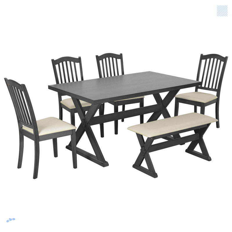 6-Piece Rustic Dining Set Rectangular Trestle Table and 4 Upholstered Chairs & Bench, Brown, Brown/Beige
