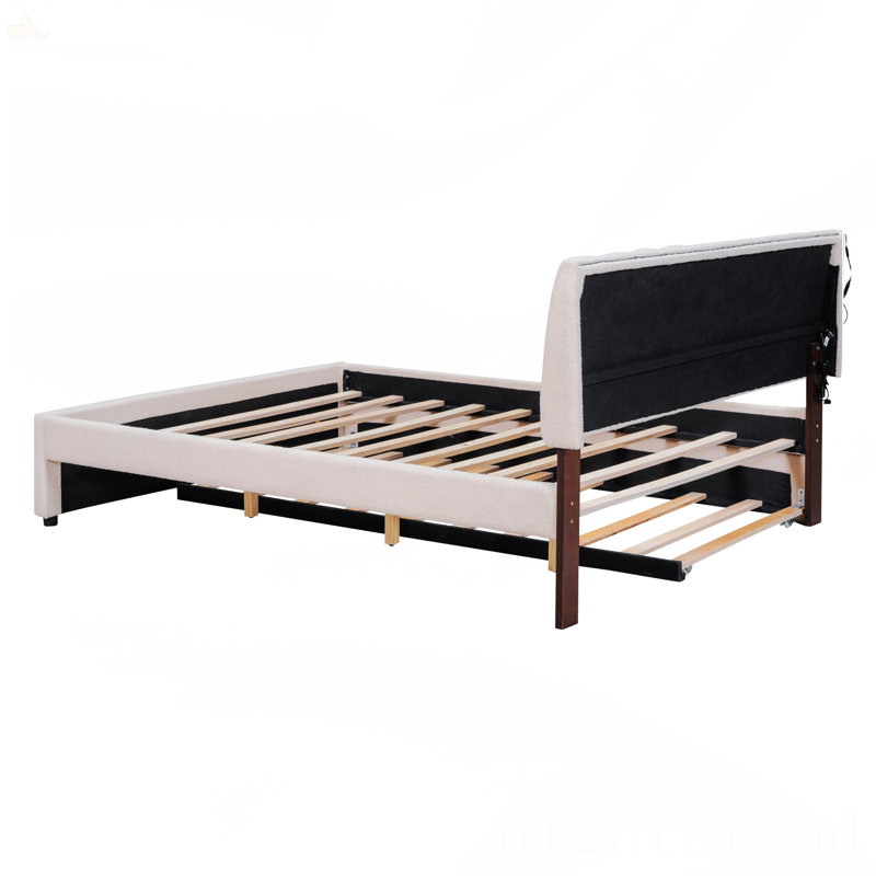 Lit plateforme tapissier grand avec lit gigogne simple Teddy, Grand