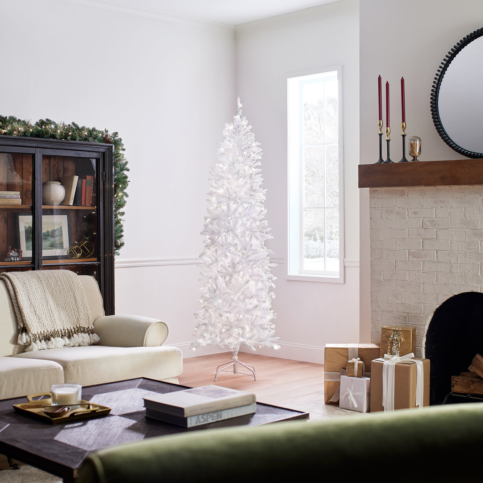 The Holiday Aisle® Kingswood Fir White Pencil Tree with Clear Lights, 7'