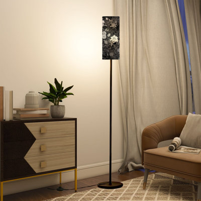  68.5" Standing Floor Lamp Vintage Gothic Skull Floral Repeat Black Velvet Aesthetic Dimmable Metal Pole Lamp with Linen Lampshade LED Bulb Included