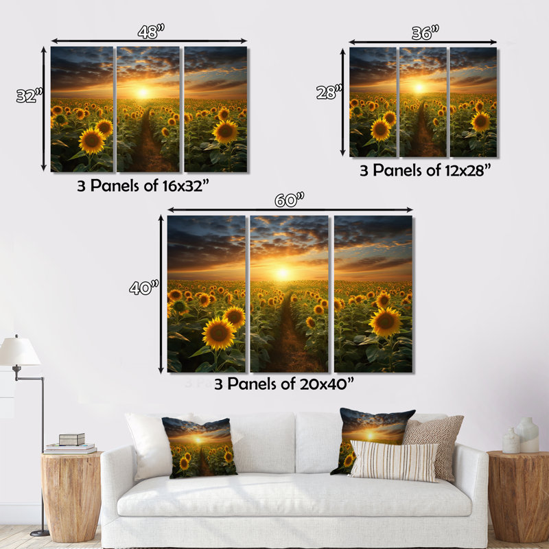Tournesol doré, impression panoramique sur toile 3 pièces, H 32 po x l 48 po x P 1 po