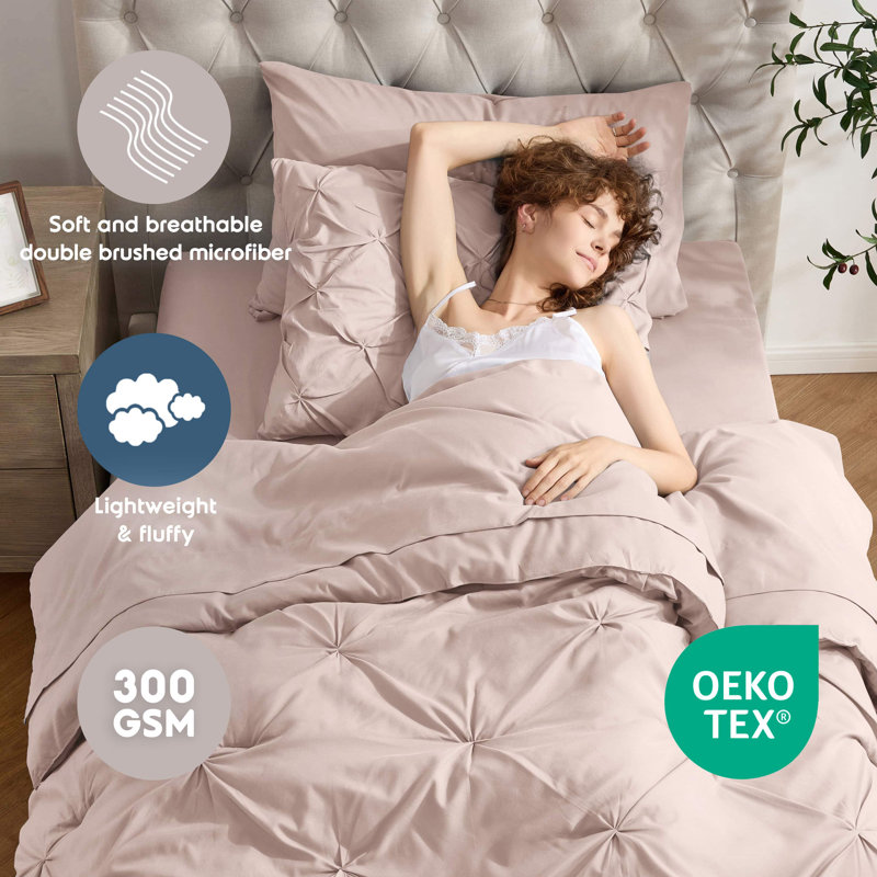 Bed-in-A-Bag Pleated Comforter Set with Bed Sheets, Peach Beige, Twin Comforter + 4 Additional Pieces